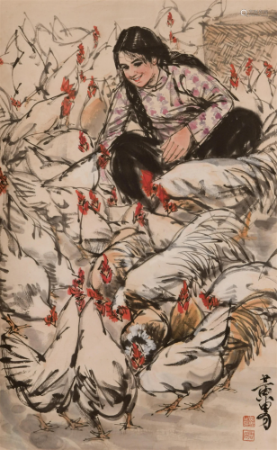 A Chinese Painting of Chickens Signed Huang Zhou