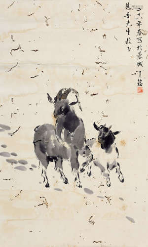 1906-1984 梁又铭 双羊图   约1.73平尺 水墨纸本 镜片