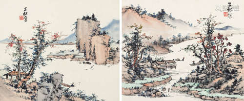 1900-1978 卢子枢 山水两帧   约0.68平尺每幅 设色纸本 镜片