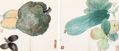 1881-1947 赵浩公 写生瓜果两帧   约0.7平尺每幅 设色纸本 镜片