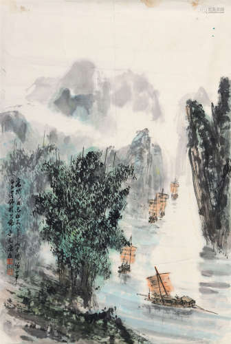 1912-1998 罗铭 峡江帆影   约2.75平尺 设色纸本 镜片