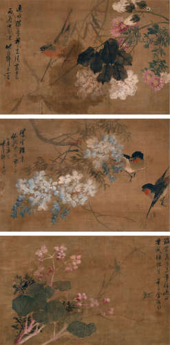 1869-1947 金梦石 花鸟三帧   约1.01平尺每幅 设色绢本 镜片