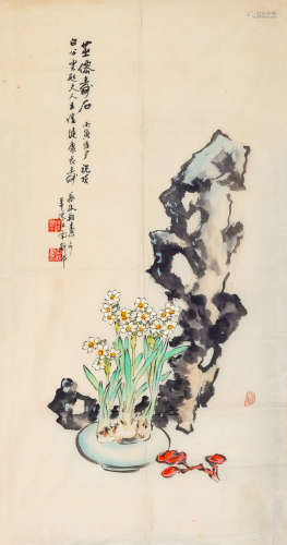 1906-2007 蔡敬翔 芝仙寿石   约7.28平尺 设色纸本 镜片