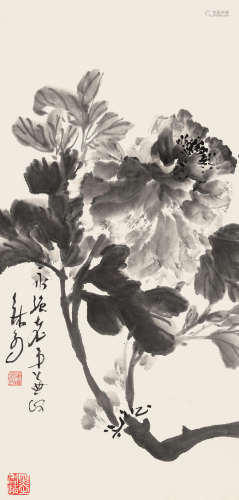 1908-1995 苏渊雷 墨牡丹   约1.9平尺 水墨纸本 镜片