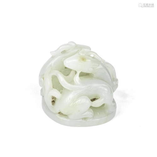A PALE GREEN JADE 'MYTHICAL BEAST' FINIAL 18th/19t...