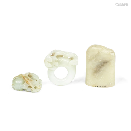 TWO JADE CARVINGS AND A SOAPSTONE SEAL Qing Dynasty (3)