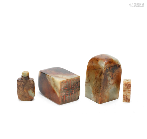 A GROUP OF FOUR GREEN AND RUSSET JADE OBJECTS Qing Dynasty t...