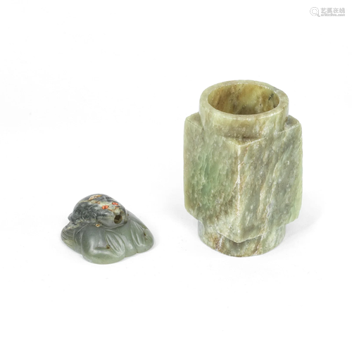 A GREEN JADE NEOLITHIC-STYLE CONG AND A GREEN JADE FINIAL Th...