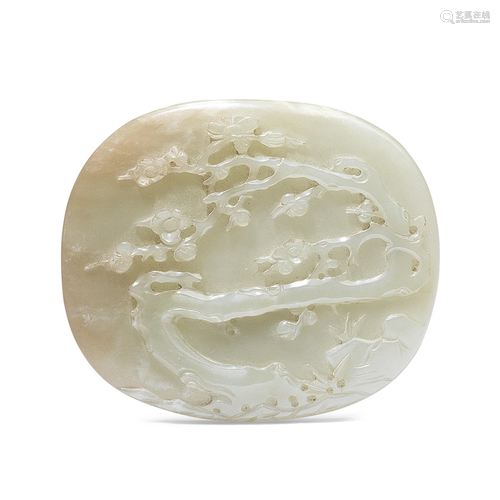 A PALE GREEN JADE 'PRUNUS' PLAQUE 19th century