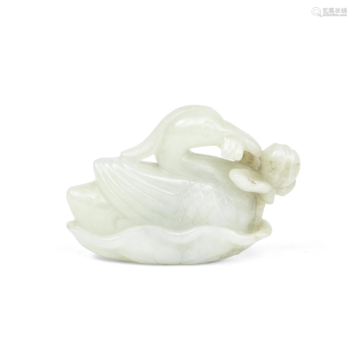 A PALE GREEN JADE 'DUCK AND LOTUS' CARVING 18th/19...