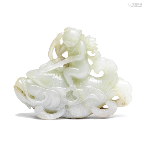 A JADE 'BOY AND DRAGON CARP' CARVING 18th century