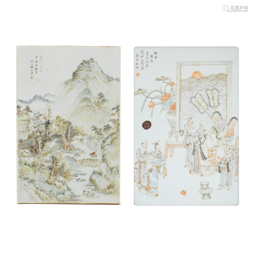 A LANDSCAPE PLAQUE AND A FAMILLE ROSE PORCELAIN PLAQUE 20th ...