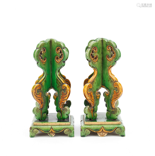 A PAIR OF GREEN-GLAZED BISCUIT HAT STANDS 19th century (2)