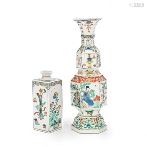 A FAMILLE VERTE HEXAGONAL DOUBLE-GOURD VASE AND A SQUARE BOT...