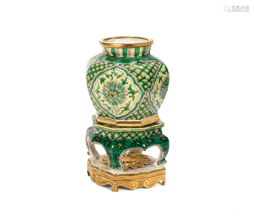 A SMALL FAMILLE VERTE VASE AND STAND Kangxi, the mounts 18th...