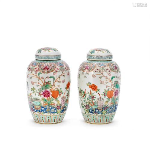 A PAIR OF FAMILLE ROSE JARS AND COVERS 19th century (4)