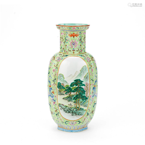 A LIME-GREEN GROUND FAMILLE ROSE VASE Qianlong seal mark, Re...