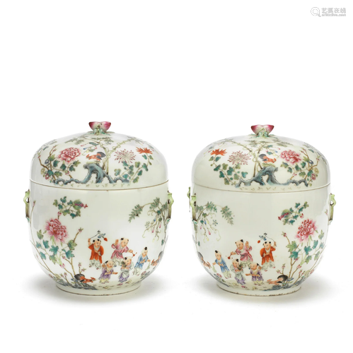 A PAIR OF FAMILLE ROSE 'BOYS' JARS AND COVERS Guan...