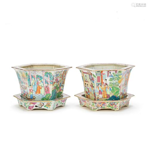 TWO ASSOCIATED CANTON FAMILLE ROSE HEXAGONAL PLANTERS AND ST...