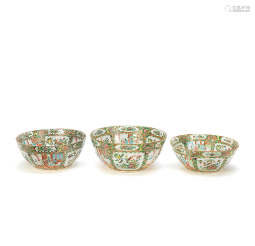 THREE CANTON FAMILLE ROSE PUNCH BOWLS 19th century (3)