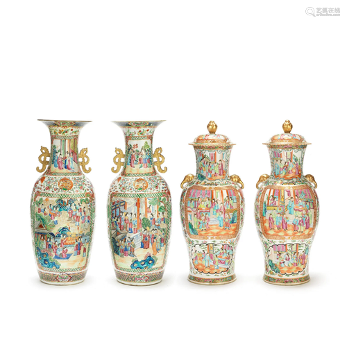 AN ASSOCIATED FOUR-PIECE CANTON FAMILLE ROSE MANTEL PART-GAR...