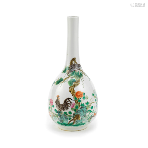 A FAMILLE ROSE 'COCKEREL' BOTTLE VASE Qianlong iro...