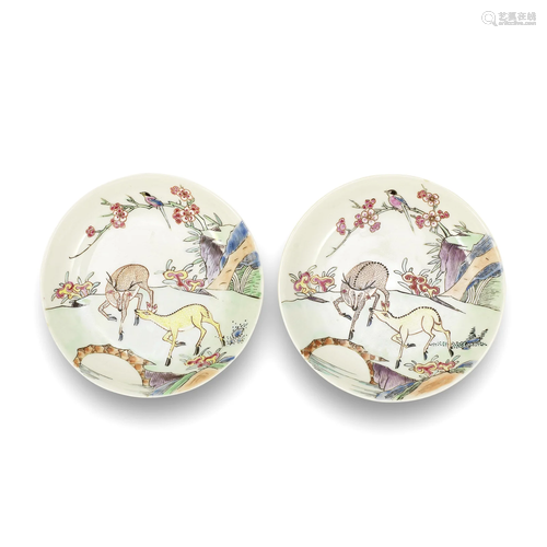 A PAIR OF SMALL FAMILLE ROSE 'DEER' SAUCERS Yongzh...