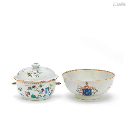 A FAMILLE ROSE ARMORIAL PUNCH BOWL AND A TUREEN AND COVER Qi...