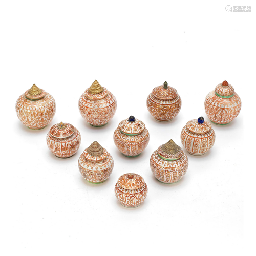 A GROUP OF TEN BENCHARONG SMALL JARS AND COVERS China for th...