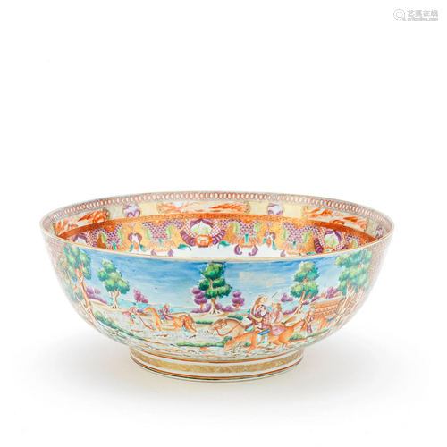 A LARGE FAMILLE ROSE 'HUNTING' PUNCH BOWL Qianlong