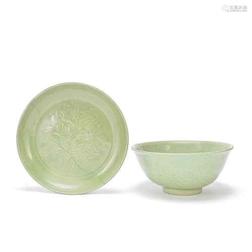 A CARVED LONGQUAN CELADON-GLAZED DEEP BOWL AND A LONGQUAN CE...