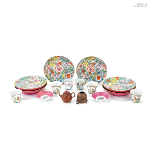 A GROUP OF FAMILLE ROSE AND YIXING WARES Republic Period (19...