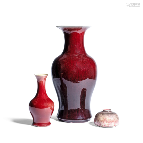 TWO SANG-DE-BOEUF GLAZED VASES AND A PEACHBLOOM GLAZED WATER...