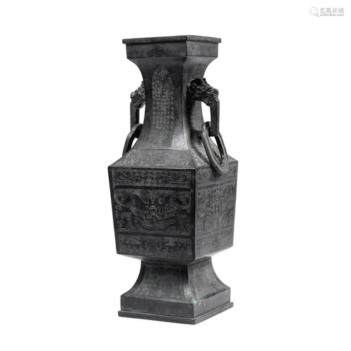 A BRONZE ARCHAIC-STYLE SQUARE SECTION BALUSTER VASE Yuan/Min...