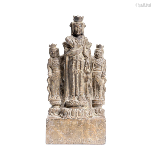 AN INSCRIBED STONE CARVING OF GUANYIN AND ACOLYTES Qing Dyna...