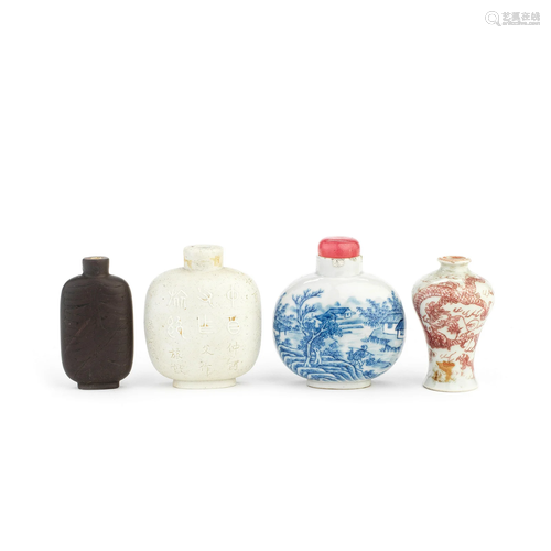 A GROUP OF FOUR PORCELAIN AND YIXING SNUFF BOTTLES 19th/earl...