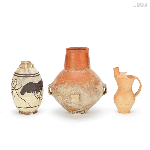 A GROUP OF THREE POTTERY WARES Neolithic period and Ming Dyn...