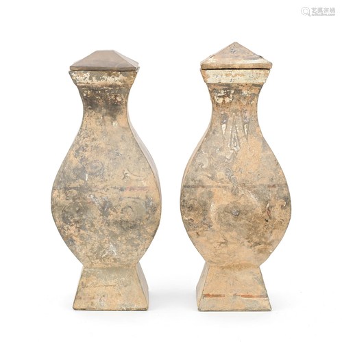 A PAIR OF LARGE PAINTED POTTERY VASES AND COVERS, FANGHU Han...