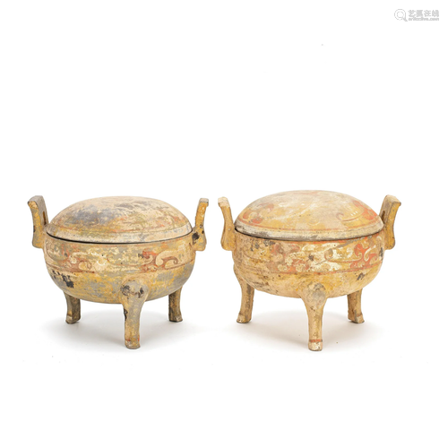 A PAIR OF PAINTED POTTERY TRIPOD VESSELS AND COVERS, DING Ha...