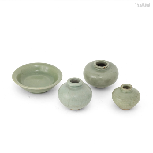 A GROUP OF THREE LONGQUAN CELADON GLAZED JARLETS AND A DISH ...