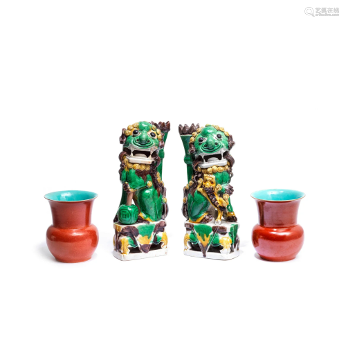 A PAIR OF FAMILLE VERTE BISCUIT 'LION' JOSS STICK ...
