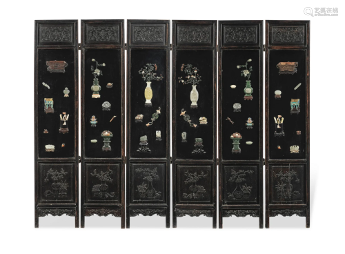 A SIX-LEAF INLAID BLACK LACQUER 'HUNDRED ANTIQUES'...