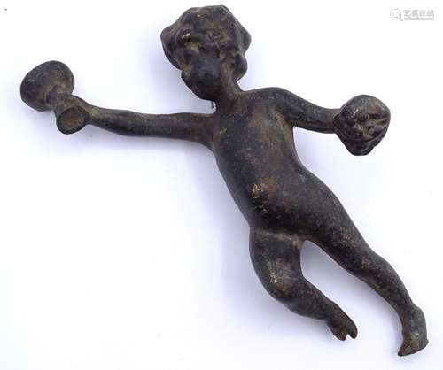 BRONZE PUTTO, L. 14CM, ALTERS- UND GEBRAUCHSSPUREN