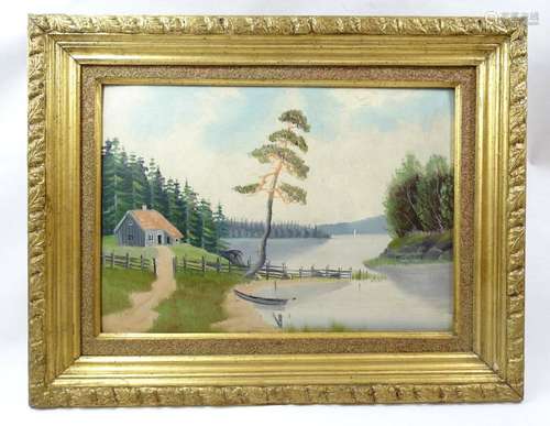 HAUS AM SEE, ÖL AUF PLATTE, UNSIGNIERT, GERAHMT, RG 47 X 44,...