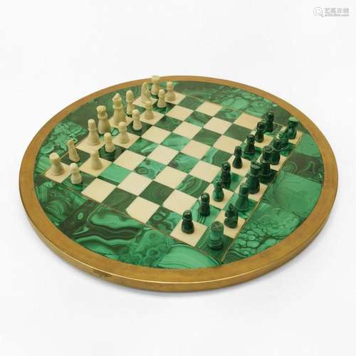 Jeu d'échec avec échiquier Malachite et marbre blanc, D ...