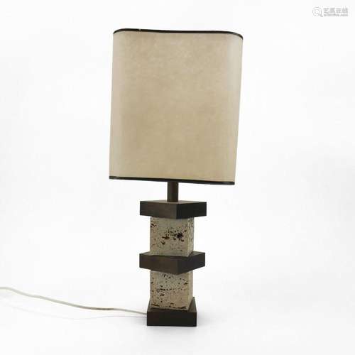 Lampe moderniste Travertin et bois, H 35 cm