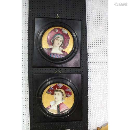 2 Framed Montereau Porcelain Portrait Chargers.