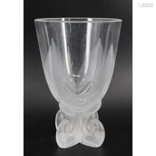 Lalique France Glass Vase With Feathers & Scroll