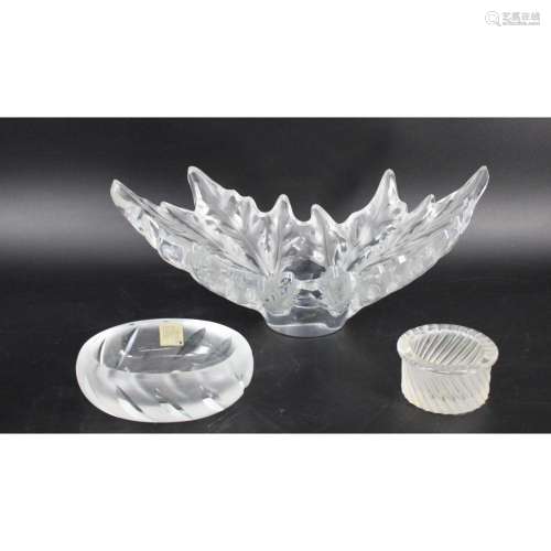 Lalique France Glass Leaf Owl & 2 Small