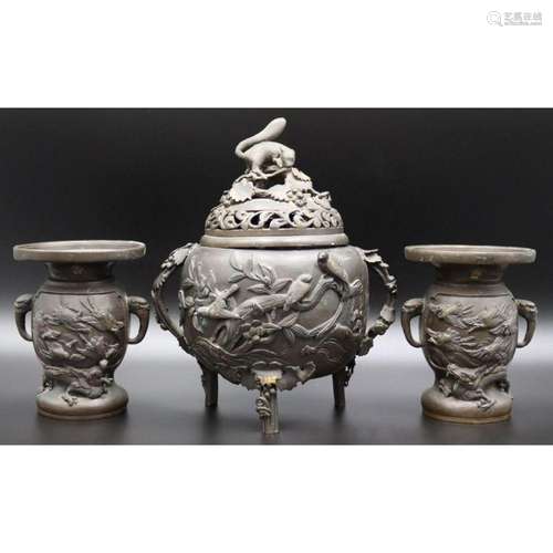 Japanese Meiji Style Bronze Incense Burner & Urns.